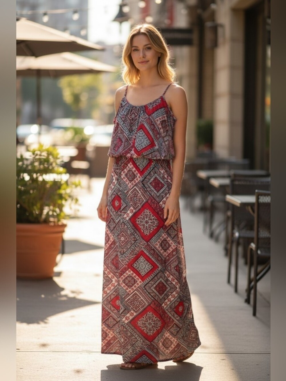 Xhilaration Navy & Red Print Maxi Dress Size XXL